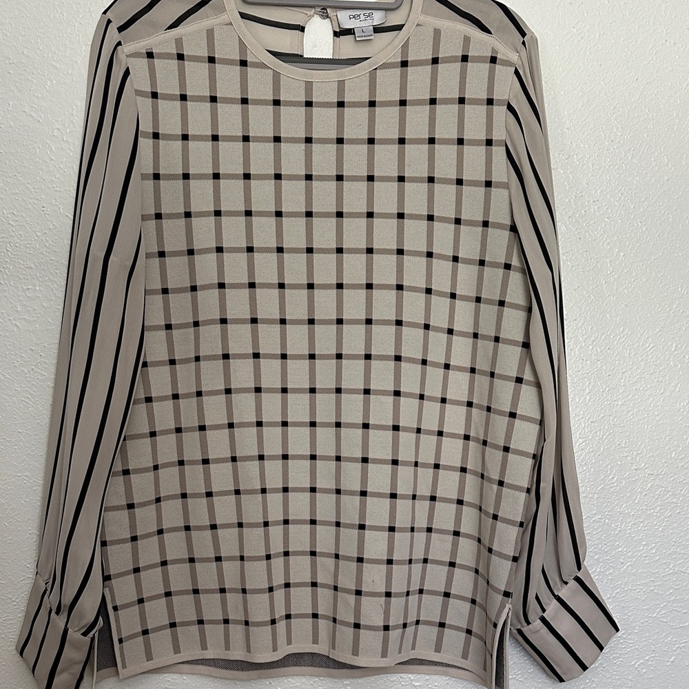 Per Se Windowpane Long Sleeve Knit Top